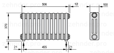 Схема (чертеж) Радиатор Zehnder Charleston 3037/11 №5310 Белый глянцевый RAL 9016